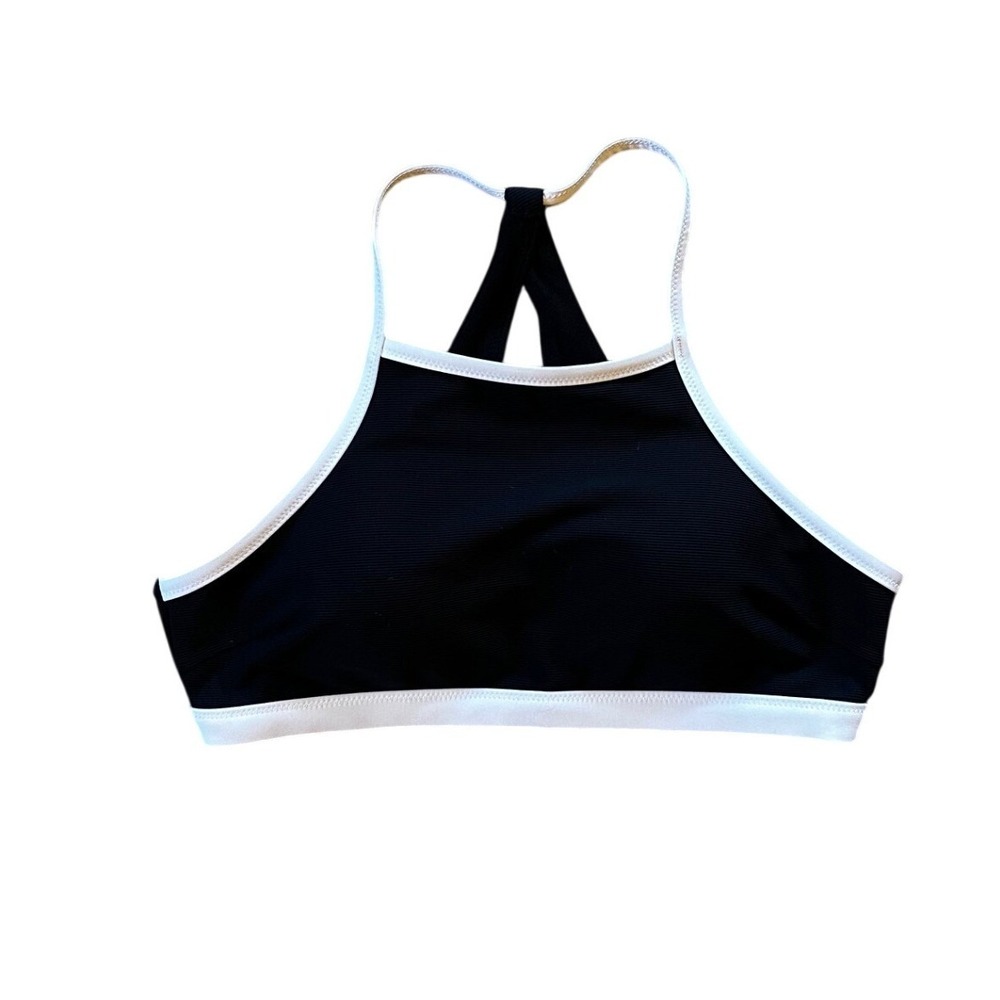 Athleta Womens Black‎ White Ribbed High Neck Racerback Sports Bra Small